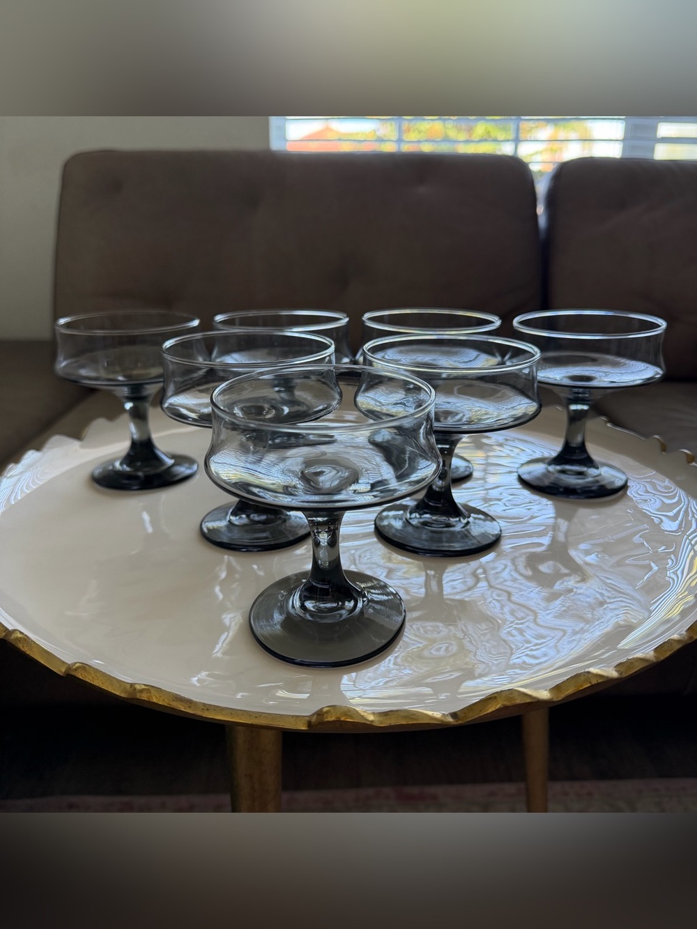 VTG 1970s Libbey Tawny Accent Smoke Coupe Glasses-7